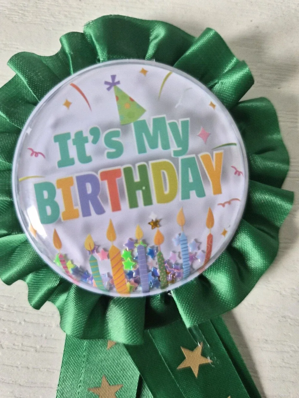 Source Unknown It's My Birthday Green Ribbon Badge with Gold Stars